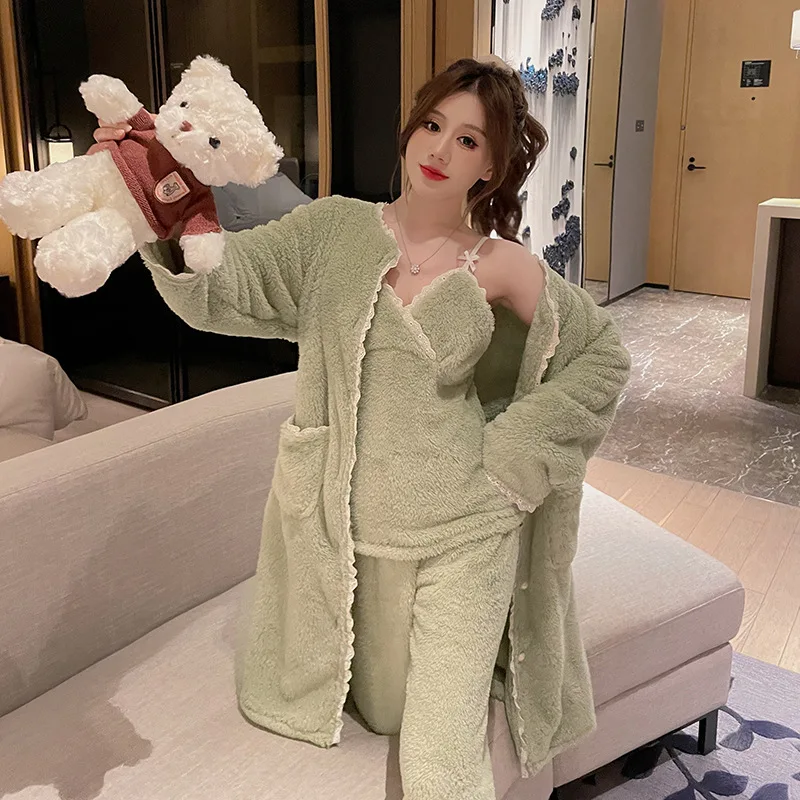 

Coral Fleece Pajamas 3PCS Women Thickened Warm Spaghetti Strap Long Pants Outer Robe Women's Nightgown Velvet Flannel Sleepwear