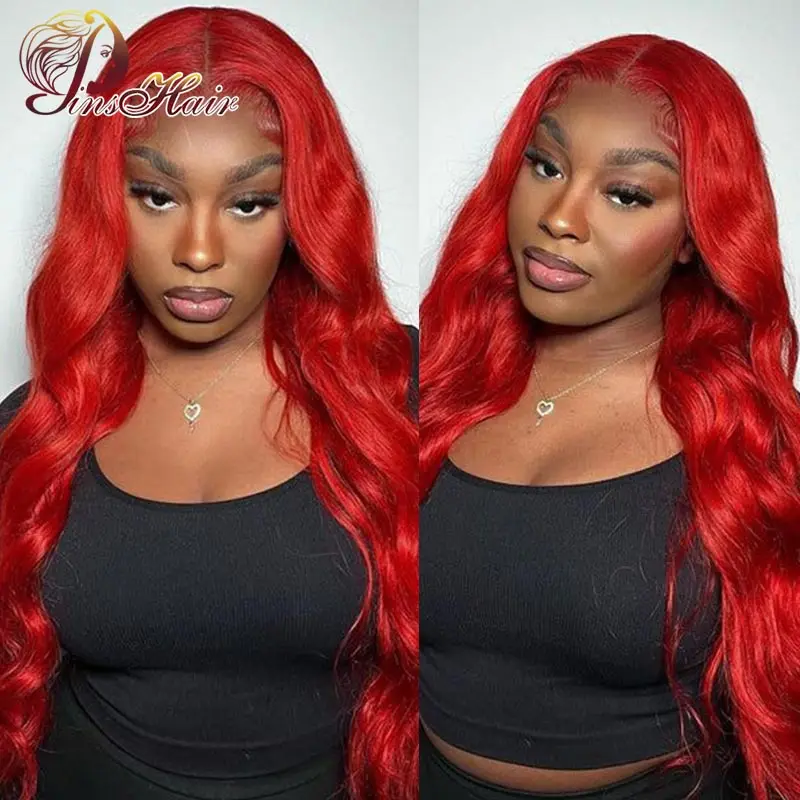 34-calowe czerwone koronkowe peruki z ludzkich włosów Body Wave 13x6 Transparent Lace Frontal Wig 99J Pre Plucked Remy 100% Human Wigs