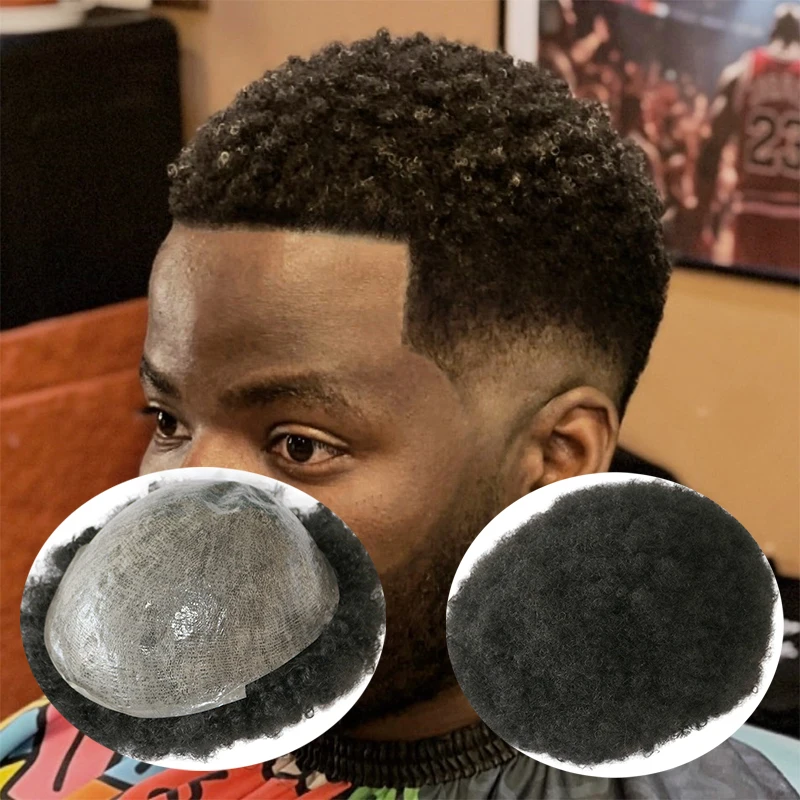 Afro Kinky Curly 6mm Human Hair Male Toupee 0.1mm Thin Skin PU Base Men Hair Prosthesis #1 #1B #4 Male Hair Replacement System