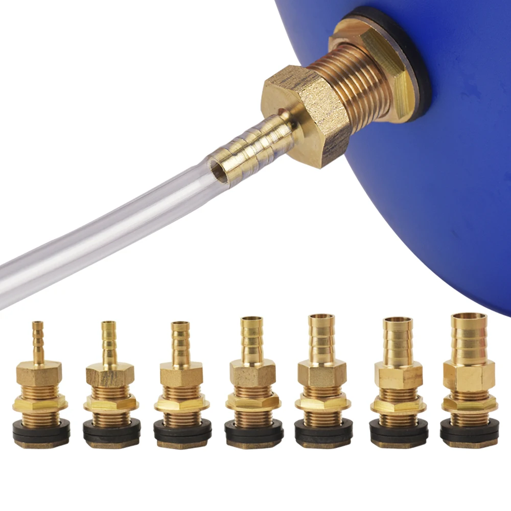 Brass Bulkhead Fitting with Brass Barb, Fitting Barb 6/8/10/12/14/16/19mm Hose ID, Brass Barb Fitting Pipe for Water Tanks, Tubs