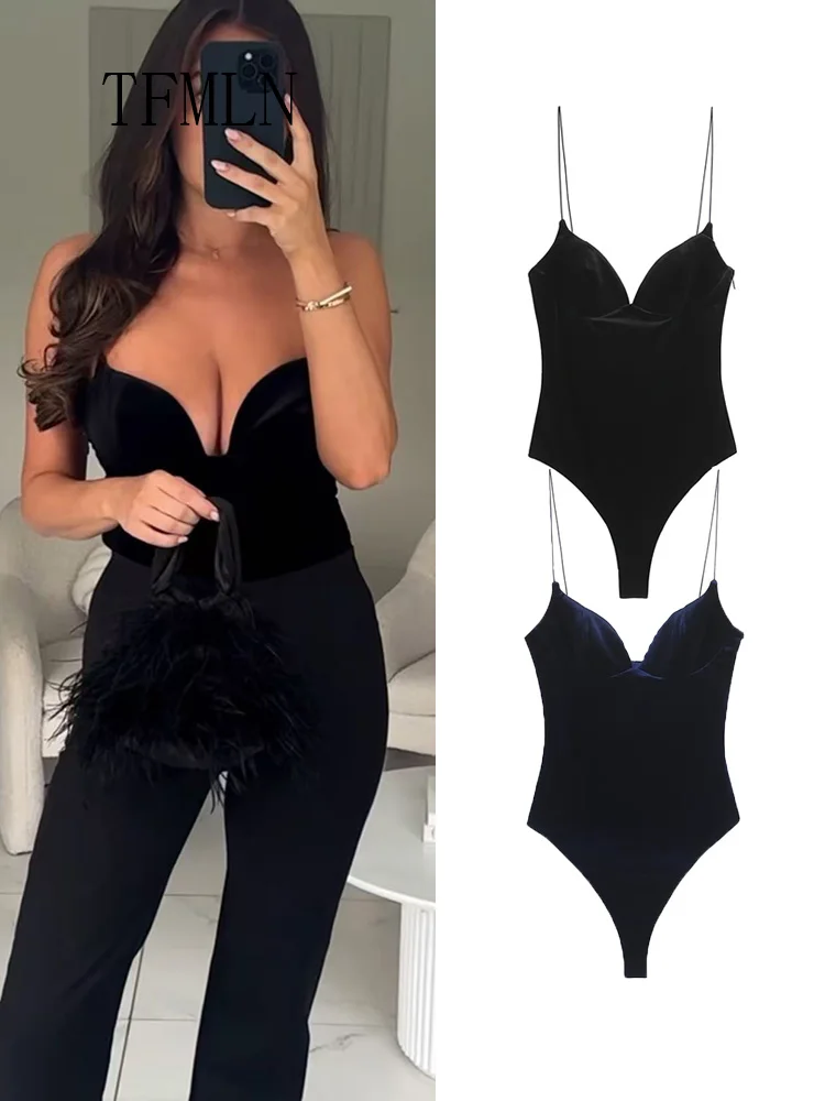 

TFMLN 2026, весенне-летние женские бархатные комбинезоны на бретелях, модные тонкие повседневные комбинезоны без рукавов с воротником-сердечком, сексуальные топы с открытой спиной