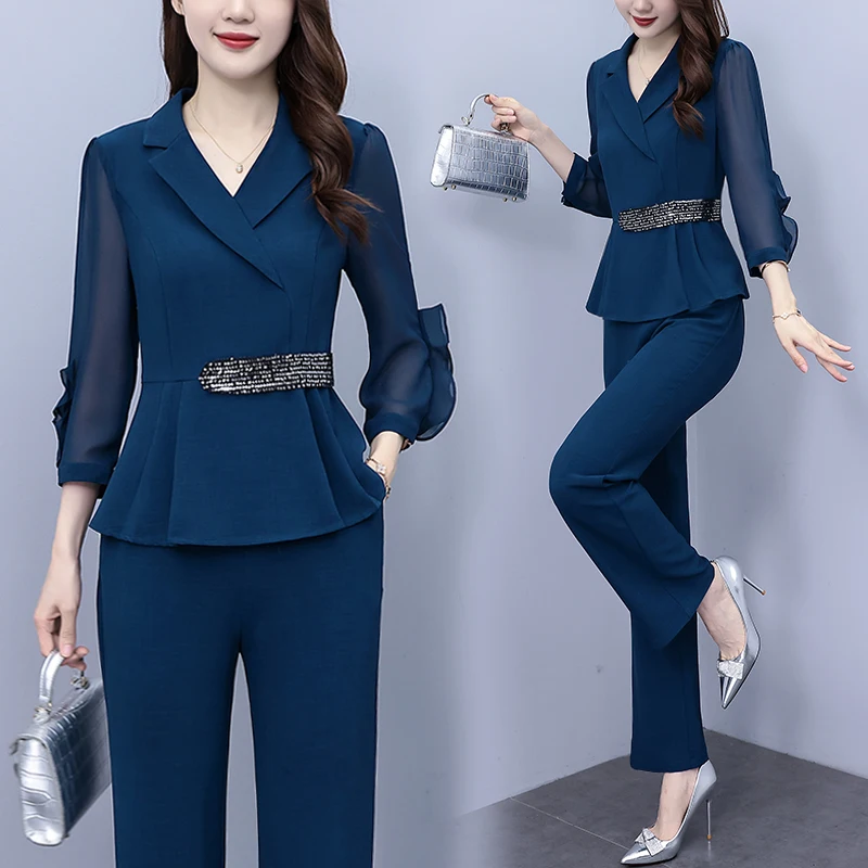 

Fashion Oversize Women Pants Set For Spring Autumn 2024 New Elegant Slim Solid Turn Collar Office Lady 2 Pieces Outfits Pantsuit