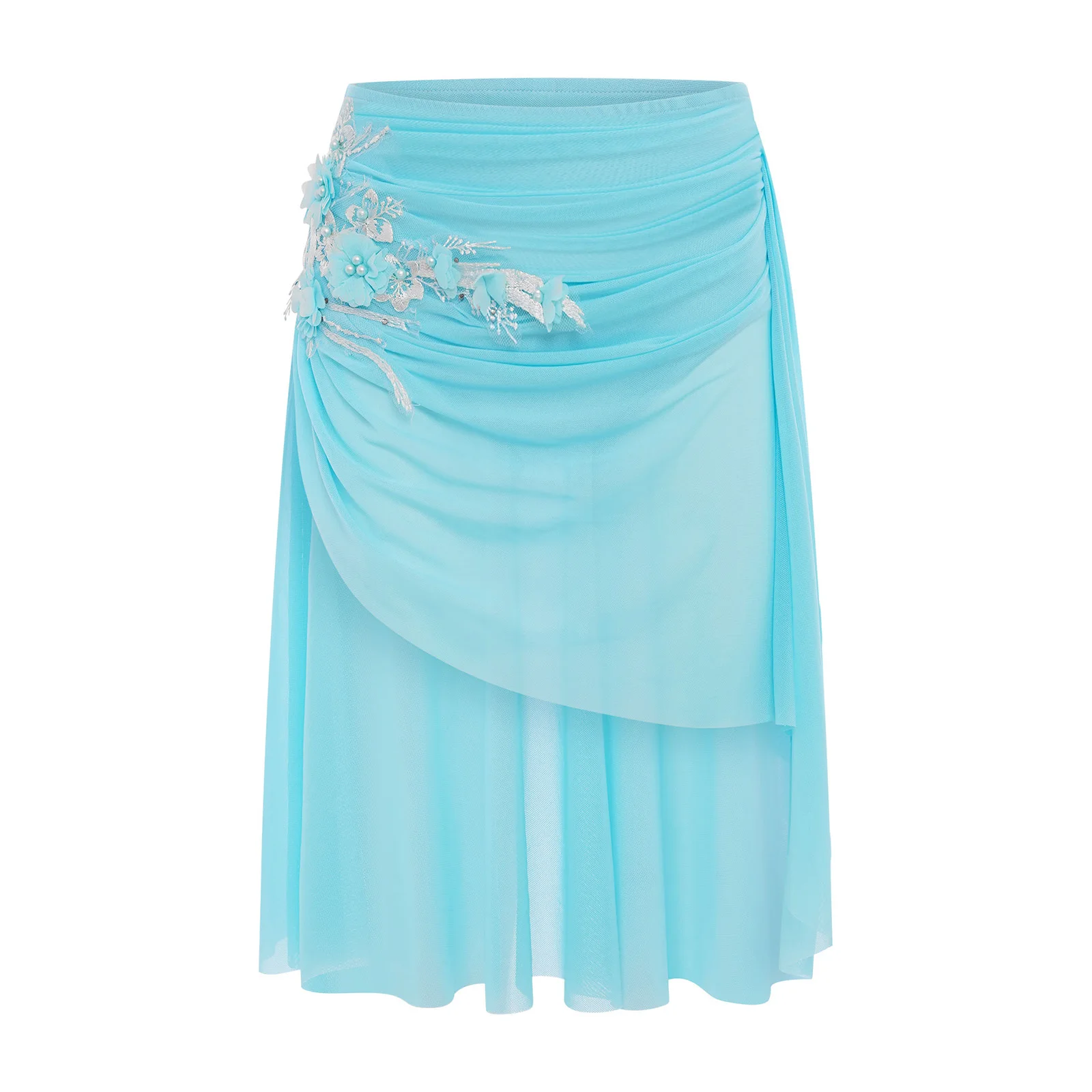 

Kids Girls Classical Lyrical Dance Skirts Chinese Folk Practice Dance Costume Elegant Applique Asymmetrical Ruched Mesh Skirt