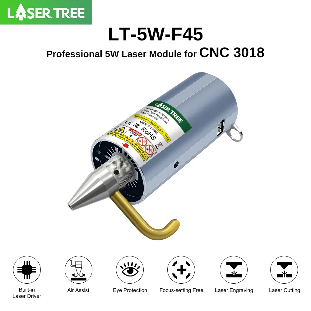

Laser Tree 5W Laser Module (with Pneumatic Assist) 450nm Fixed-Focus TTL Blue Laser Head Professionally Compatible with CNC3018