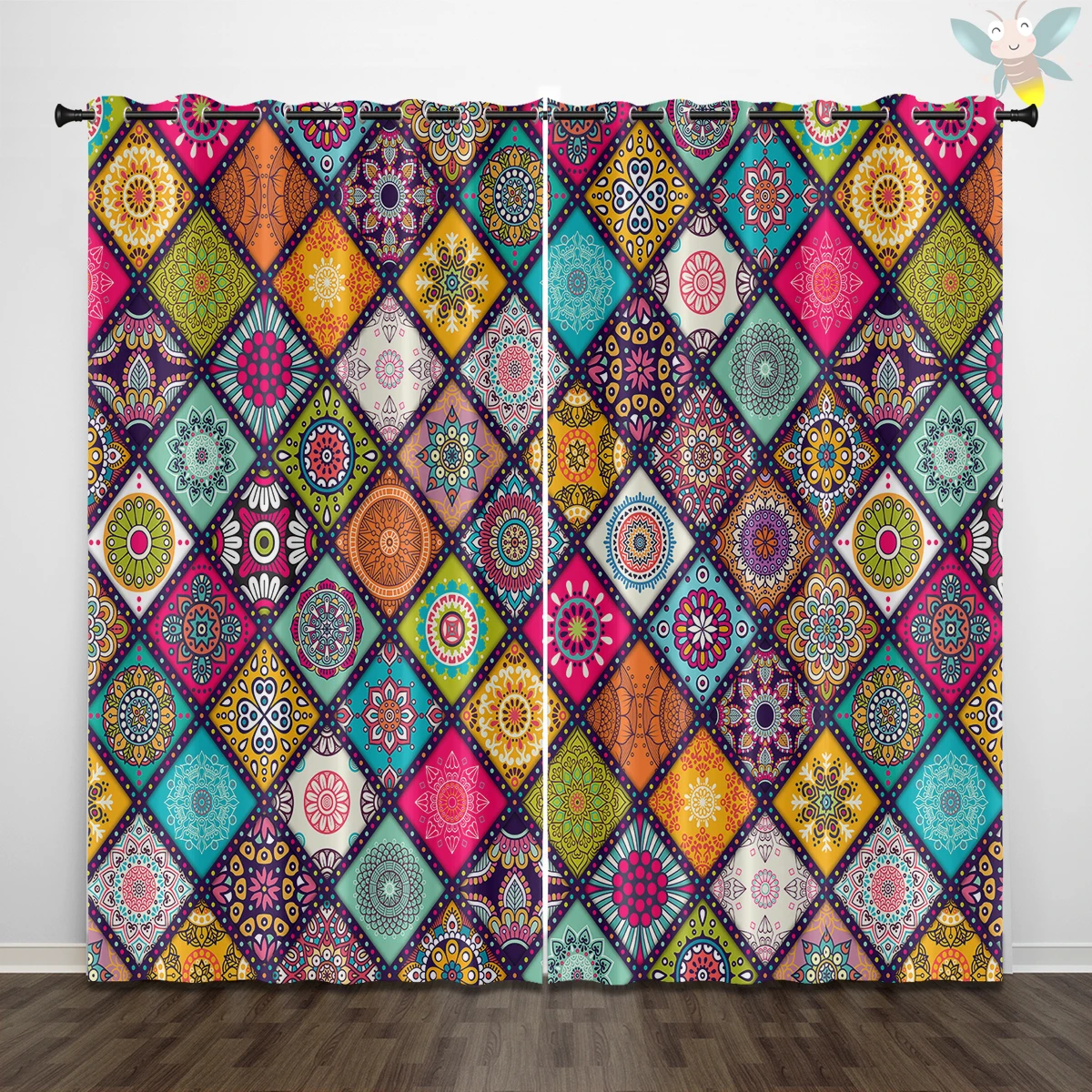 Bohemian Mandala Patchwork Light Filtering Curtains - Colorful Grommet Window Drapes for Bedroom & Living Room Decor Custom Size