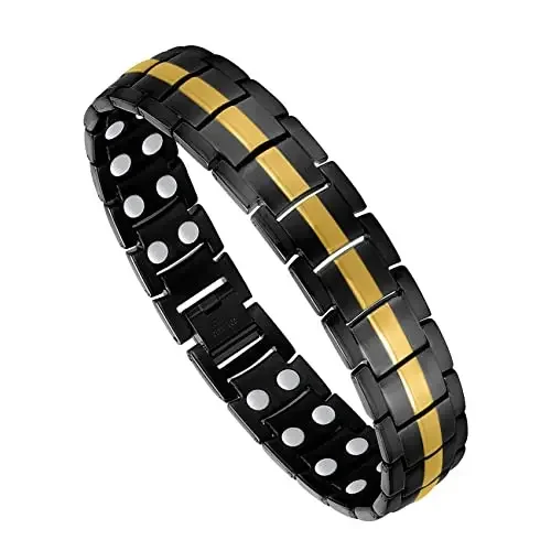 Magnetic Bracelet for Men Titanium Steel Magnetic Bracelet for Men with Double Row Magnets Adjustable (Black & Blue Line)