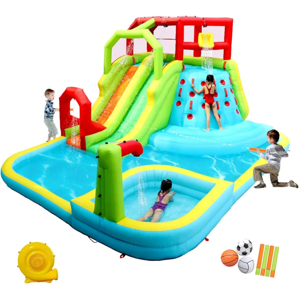 

Inflatable Water Slide Park with Splash Pool Climb The Wall, 3 Inflatable Sport Balls and 4 Water Guns, Water Slide