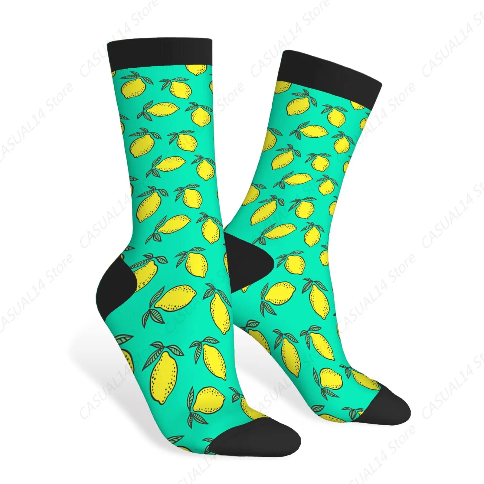 Lemons and Green Leaves Funny Socks Bright Yellow Citrus Fresh Fruit Cute Lemon Casual Crew Socks Contrast Color Design