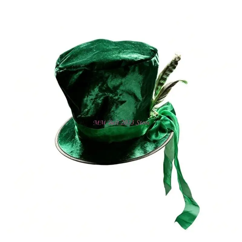 49ME Tall Wizard Costume Hat with Flat Dark Green Finish, Skeletal Hand Ornament and Feathered for Stage and Theater