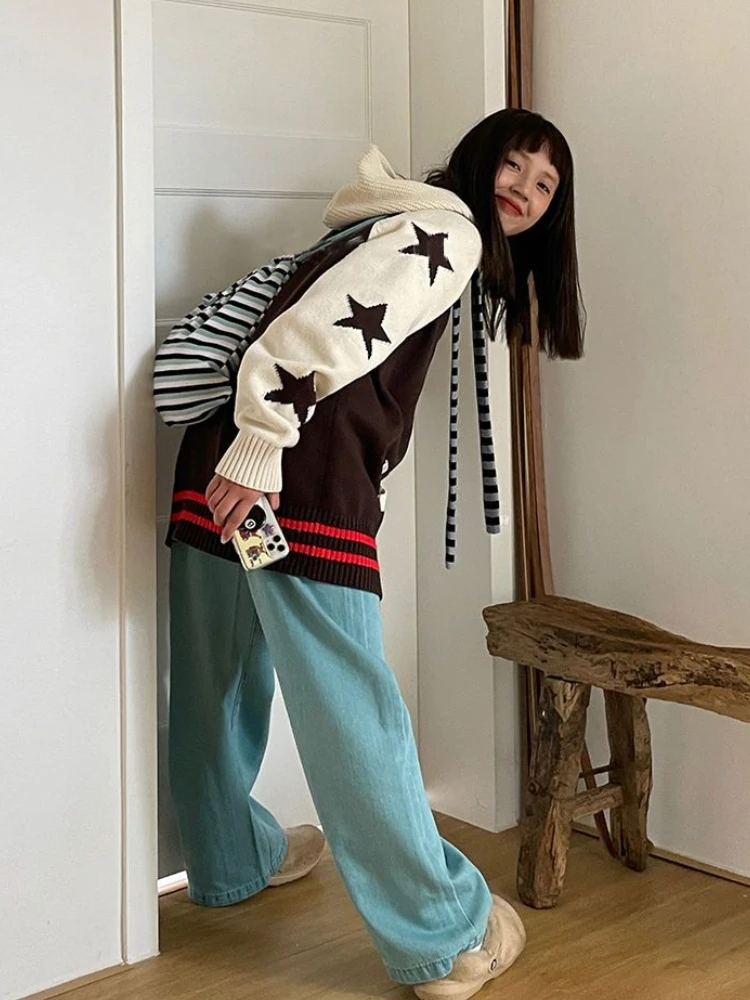 2024 Autumn Winter Harajuku Star Print Hooded Sweater Women Vintage Zip Up Cardigan Knit Loose Y2k Grunge Thick Jumper Kardigany