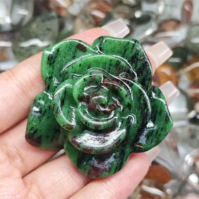 Natural Blue Sodalite Ruby In Zoisite Flower Carving Energy Gem Reiki Healing Home Decoration Gift Collection 1pcs