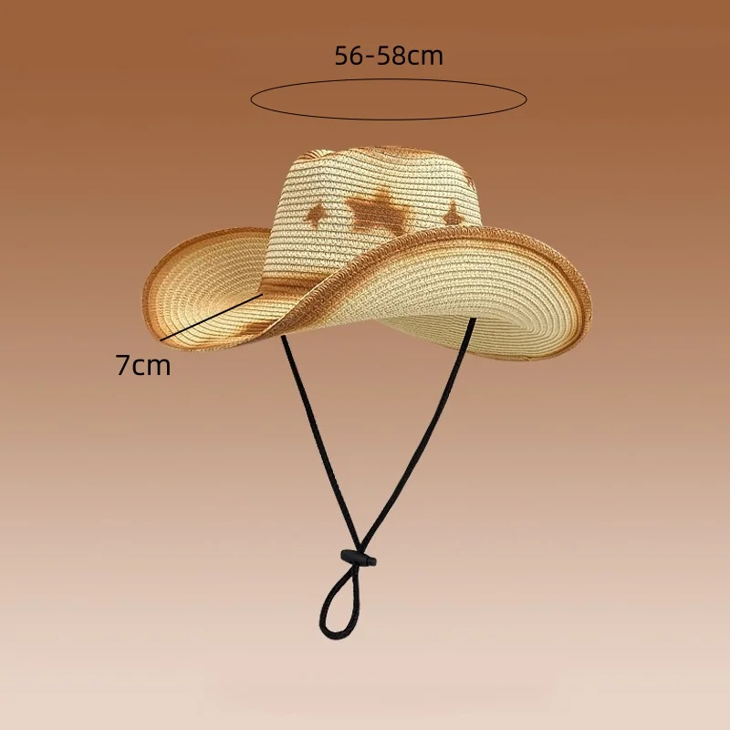 Japanese Retro Star Cowboy Straw Hat with Windproof Strap, Unisex, Outdoor Sun Protection, Daily Casual Outing Wide-Brimmed Straw Hat