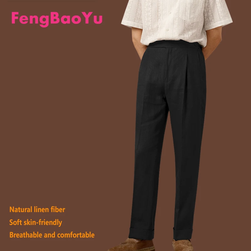 

Мужские длинные брюки из 100% натурального льна, с высокой талией, однотонные, повседневные брюки, элегантный стиль, одежда, удобные дышащие