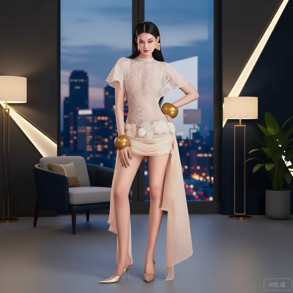 

Elegant Ivory Lace Chiffon Two‑Piece Evening Gown High‑Low Skirt Short Flutter Sleeves 3D Lace‑Flower Waistband Sheer Bodice