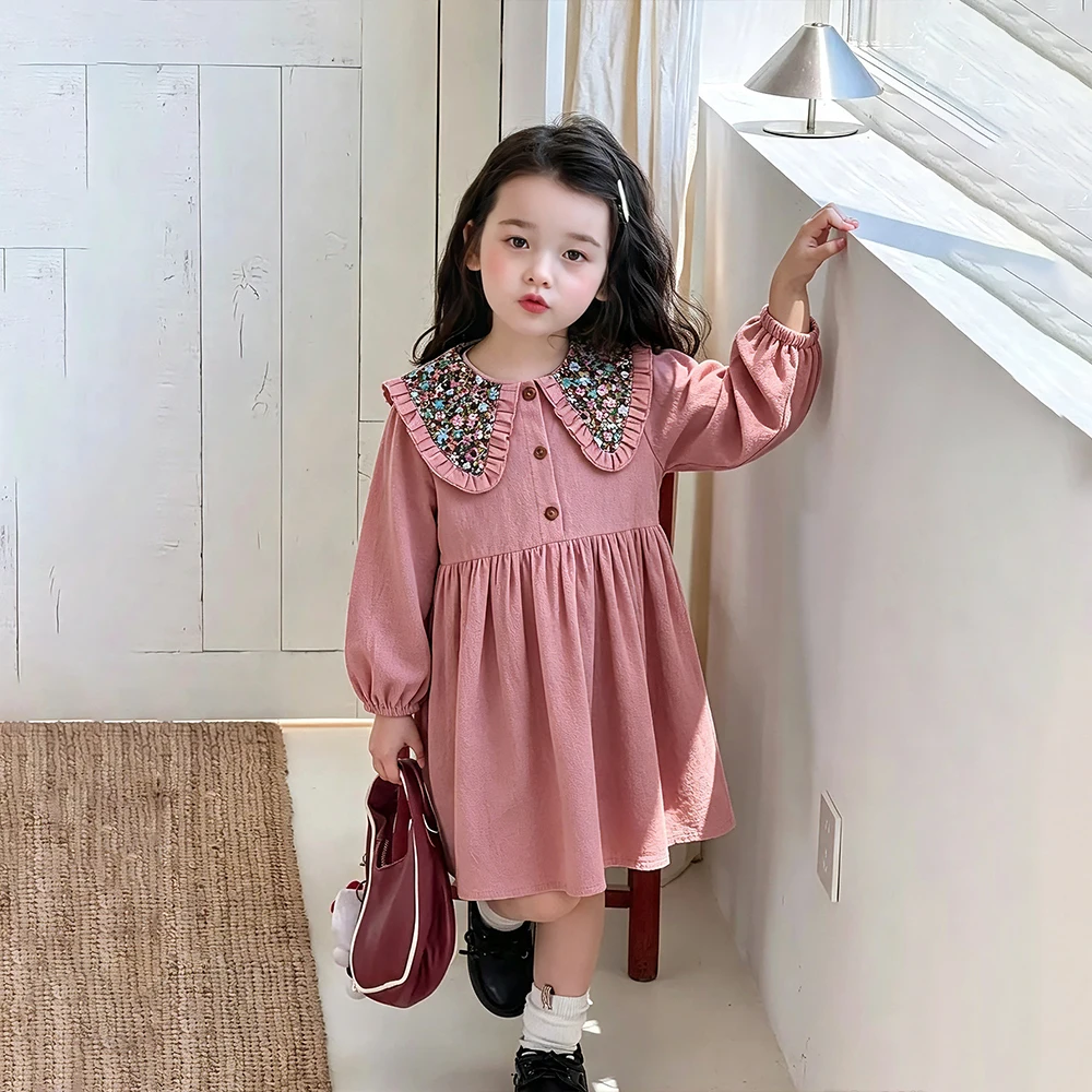 Sweet Wine Red Autumn New Long Sleeved Girls' Casual Dresses Flower Lapel and Single Breasted Children's Dress