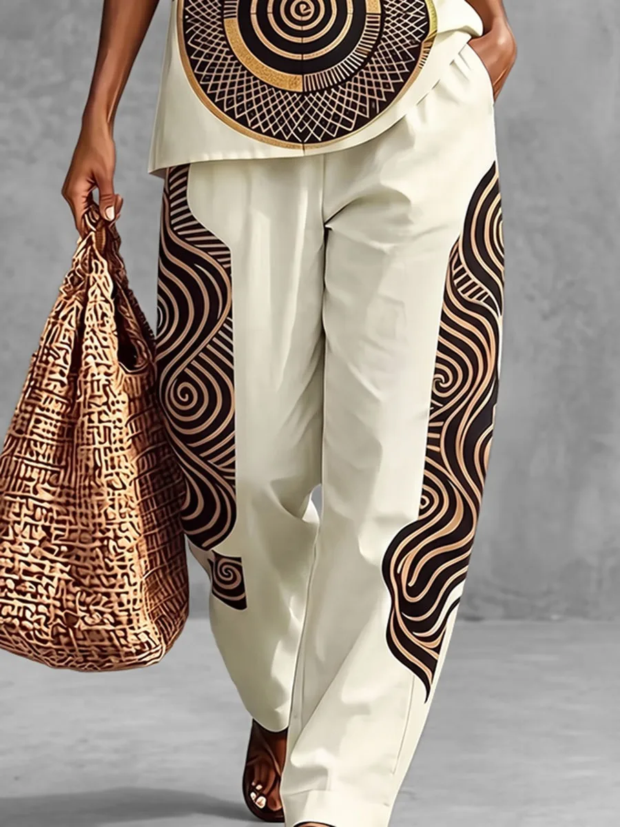 Modigirl Women Geometric Print Straight Leg Full Length Pants High Waist Loose Casual Trousers Matching Bottom Daily Wear Pants