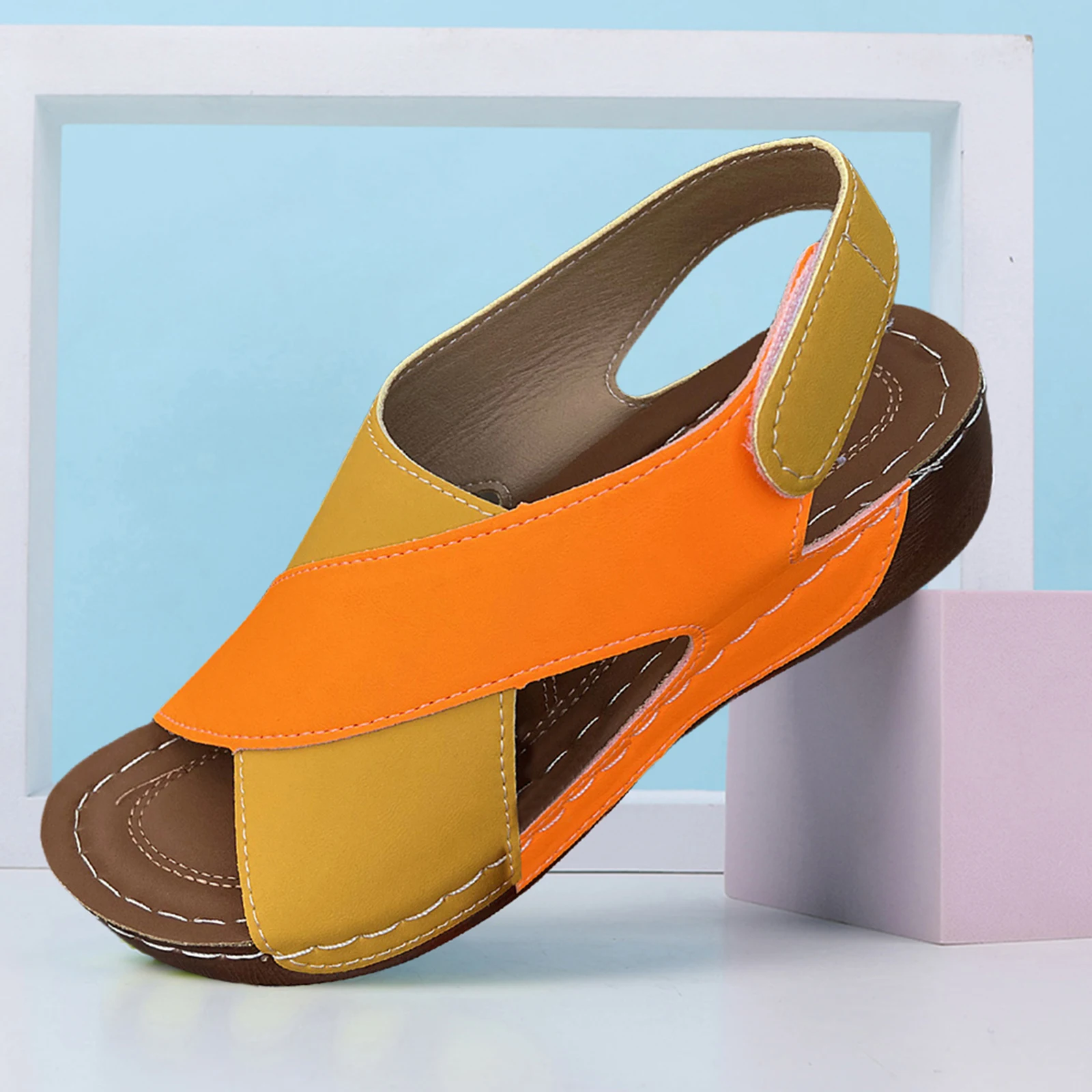 

Women Color-Blocked Wedge Shoes Summer Beach Shoes Open-Toe Platform Shoes