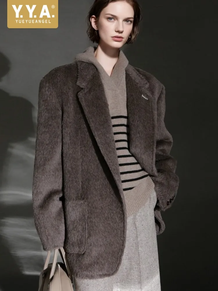 Winter Luxury Women Alpaca Wool Blend Blazers Single Button Loose Suit Jacket Lapel Collar Coat Long Sleeve Casual Outerwear