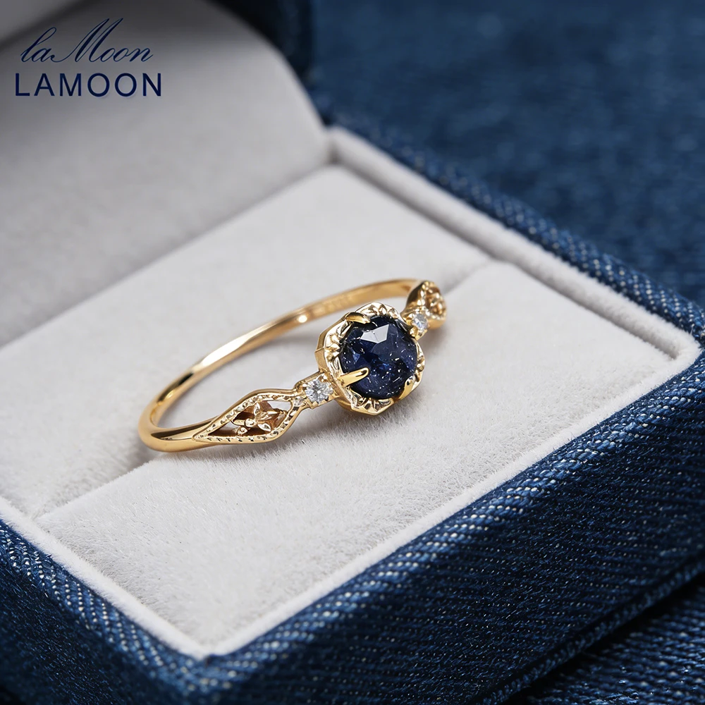 LAMOON Retro Natural Blue Sand stone Gemstone Ring For Women Elegant Exquisite 925 Sterling Silver Gold Vermeil Fine Jewelry