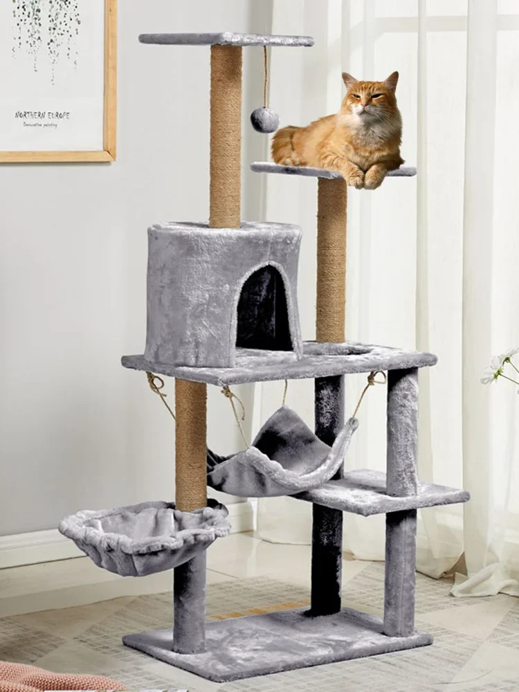 Multi-layer Cat Tree House With Swing Hammock Cat Climbing Tower Sisal Rope Cat Scratching Posts Cover Plush Cloth Cat Condos