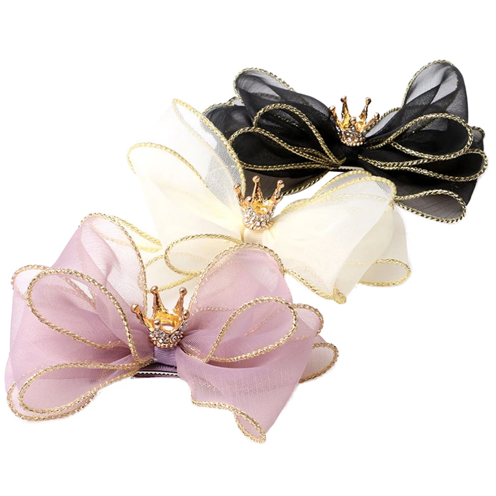 

3 Pcs Kids Hair Clips Crown Top Accessories Bowknot Hairpins for Girls Party Wedding Daily Use Black Yellow Purple Durable Long