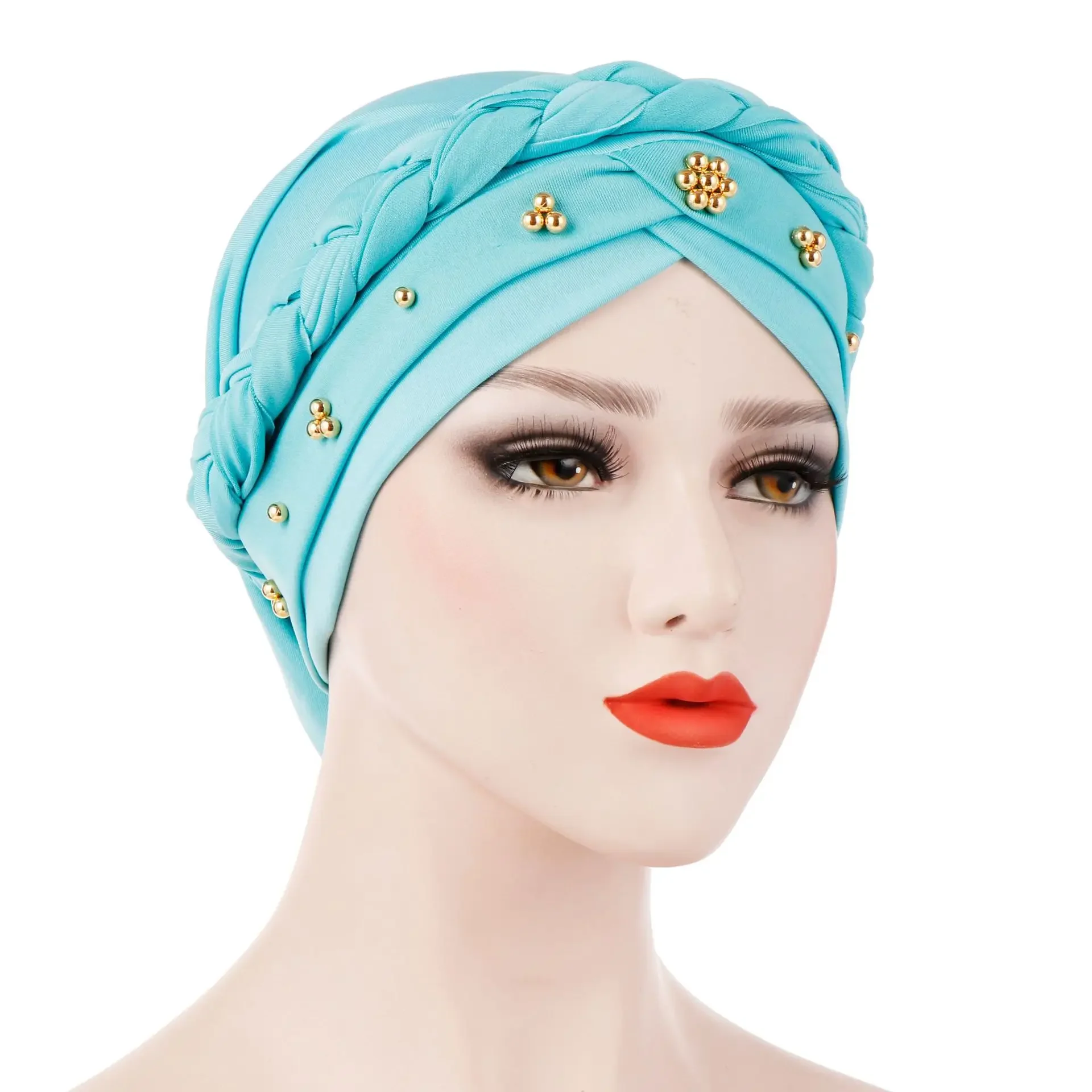 Muslim Fashion Hijabs Women Indian Turban Hair Loss Bonnet Hats Solid Color Headwear Black White Inner Head Cover Beaded