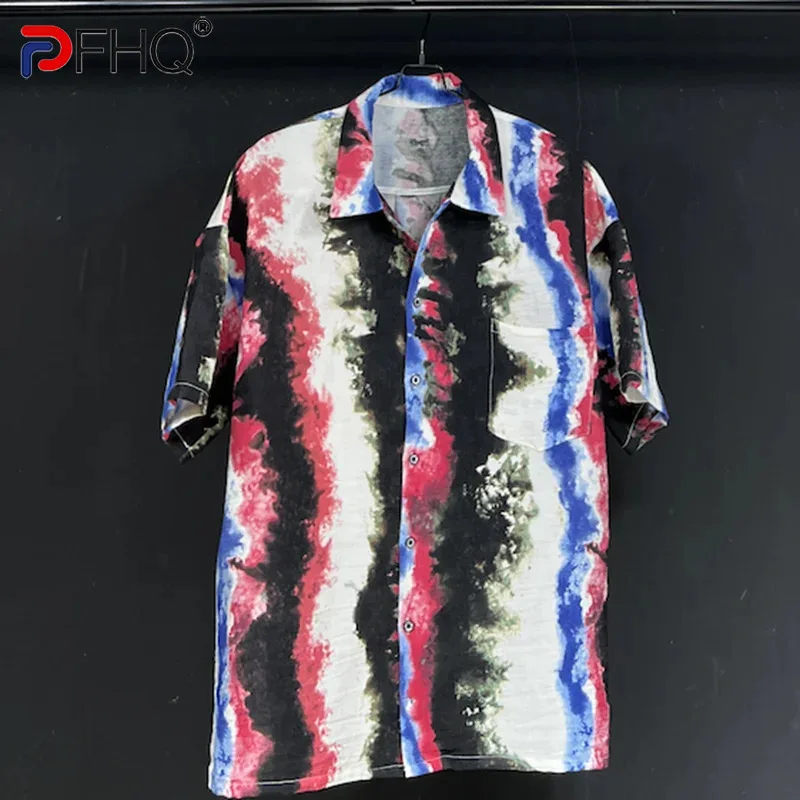 

PFHQ Design Silhouette Tie Dye Gradient Color Short Sleeved Shirt Design Niche 2024 Contrast Color Male Tops Fashion 21Z5080