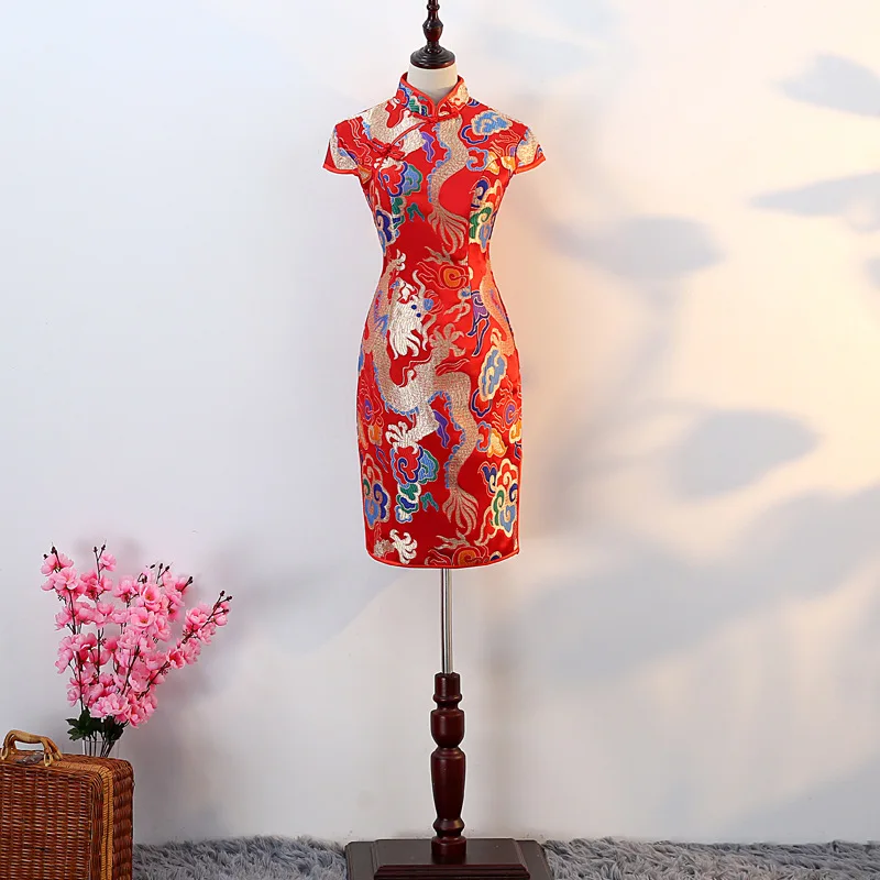 Retro Mandarin Collar Short Sleeve Satin Qipao Sexy Dragon Embroidery Cheongsam Chinese Women Dress