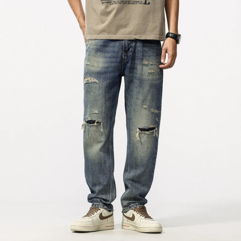 

BYCL A909American high street hole hanging rotten car flower abrasion nostalgia heavy craft wash fashion trend men's jeans