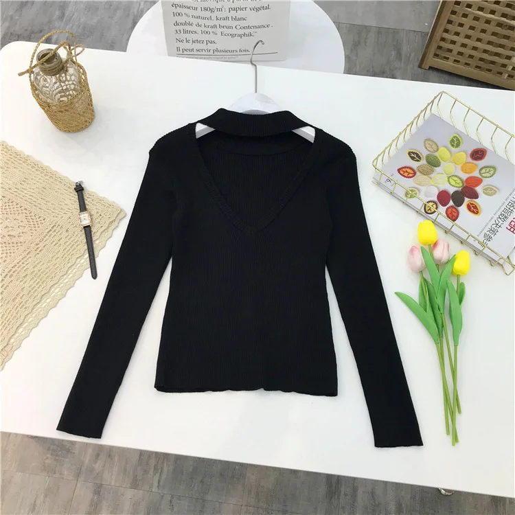 9678 herbst Winter Neue Koreanische Stil Elegante Rundhals Sexy Backless Gestrickte Pullover Langarm Papier Stück Basis Shirt Top