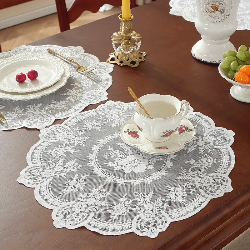 Placemats Lace Table Mat Fabric Washable Individual Round Dining Table Placement Decor Place Settings Placed Table Cup Coaster