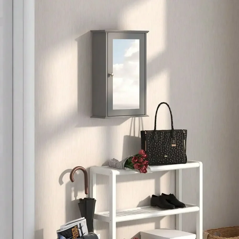 Single Mirror Door Cupboard Storage Bathroom Wall Cabinet Wood Shelf Grey