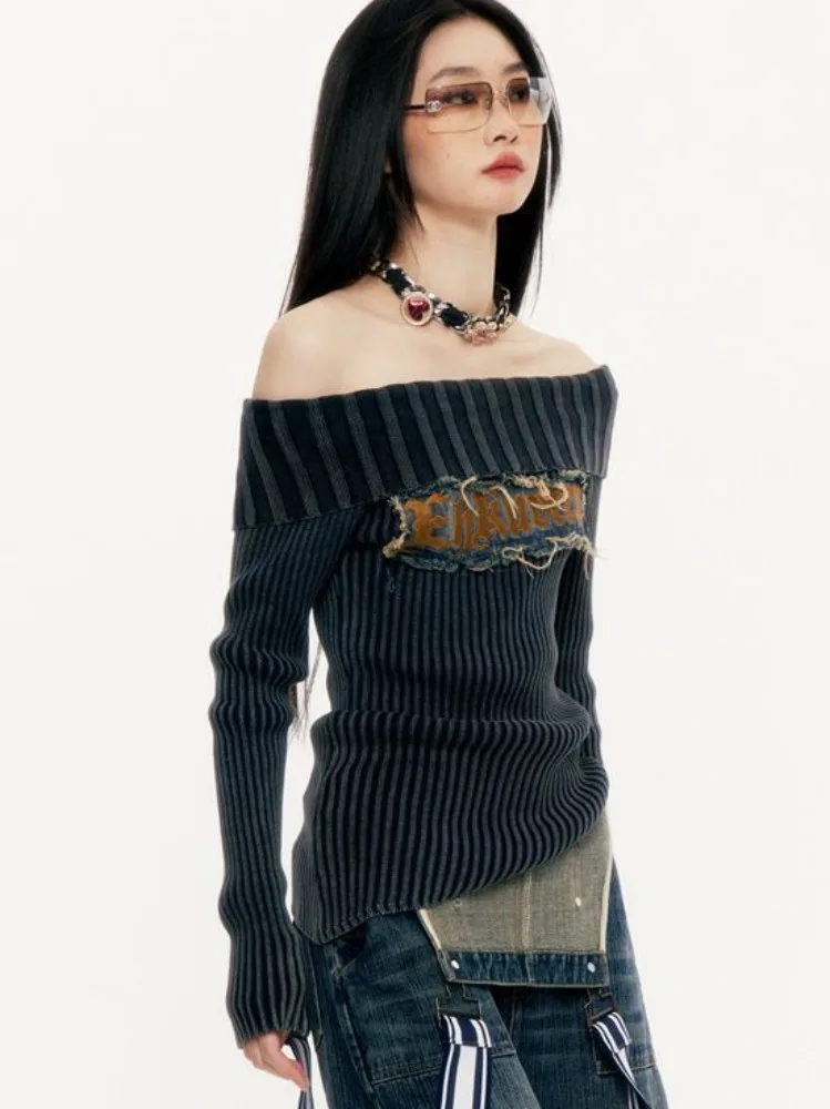 QWEEK Grunge Sweater Women Y2k Off Shoulder Knitted Pullover Punk Vintage Slim Fit Sexy Pulls Aesthetic 2000s Long Sleeve Jumper