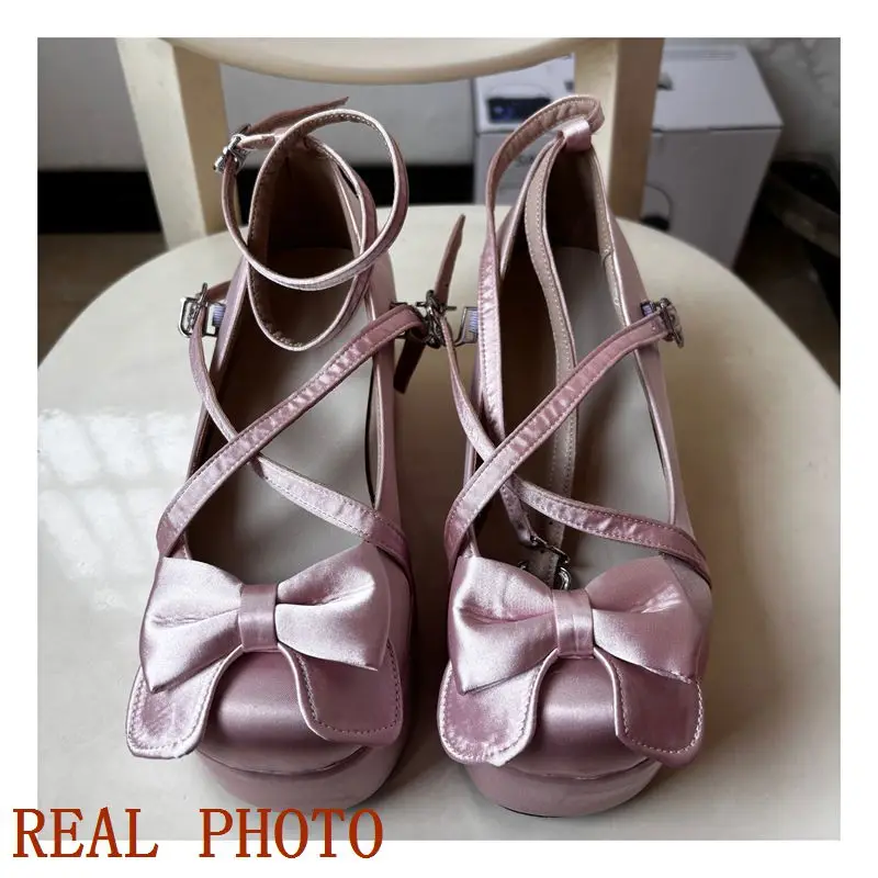 REAVE CAT Sweet Women Pumps 32 33 Lolita Toe Wedges High Heels 8.5cm Platform Bowknot 44 45 Girls Shoes