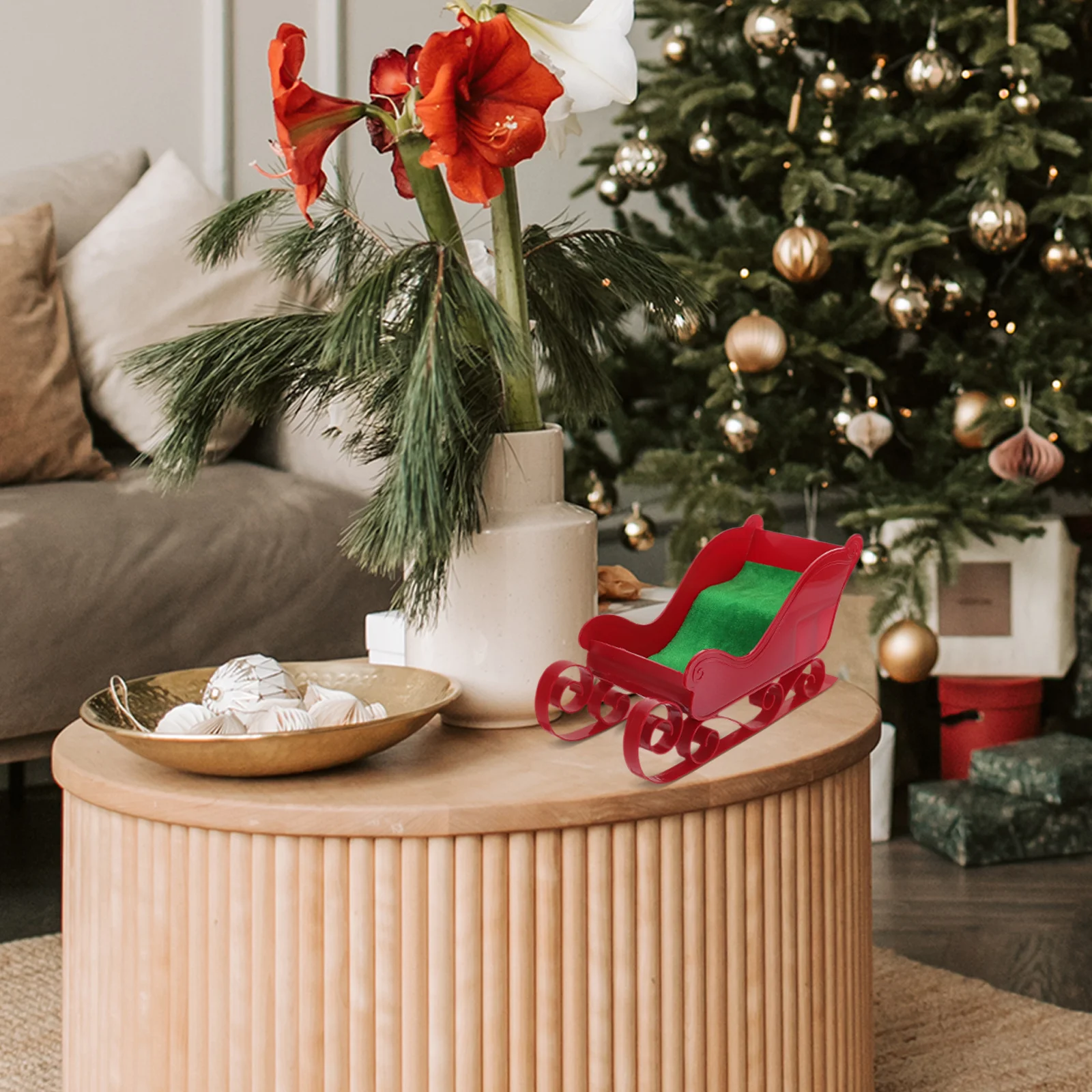 

Festive Mini Sleigh Ornament for Christmas Table Decor Home Office Mantel Display Holiday Sleigh Decoration Xmas Party Decor