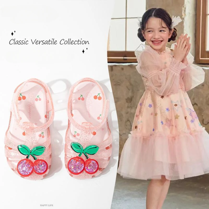 Girls' Sandals Summer Princess 2024 New Children's Ice Cream Watermelon Donut Beach Shoes Baby Baotou Jelly Shoes Crystal Shoes