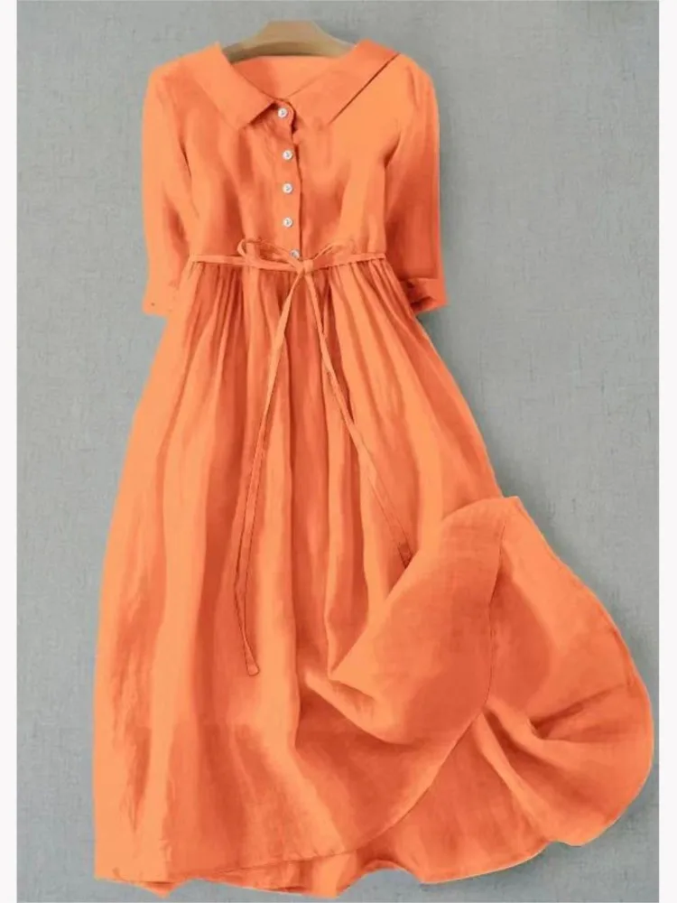 المرأة الترفيه قميص ميدي فستان ربيع الموضة بلون الوجه طوق فساتين فضفاضة السيدات الصيف نصف كم الدانتيل متابعة Vestidos