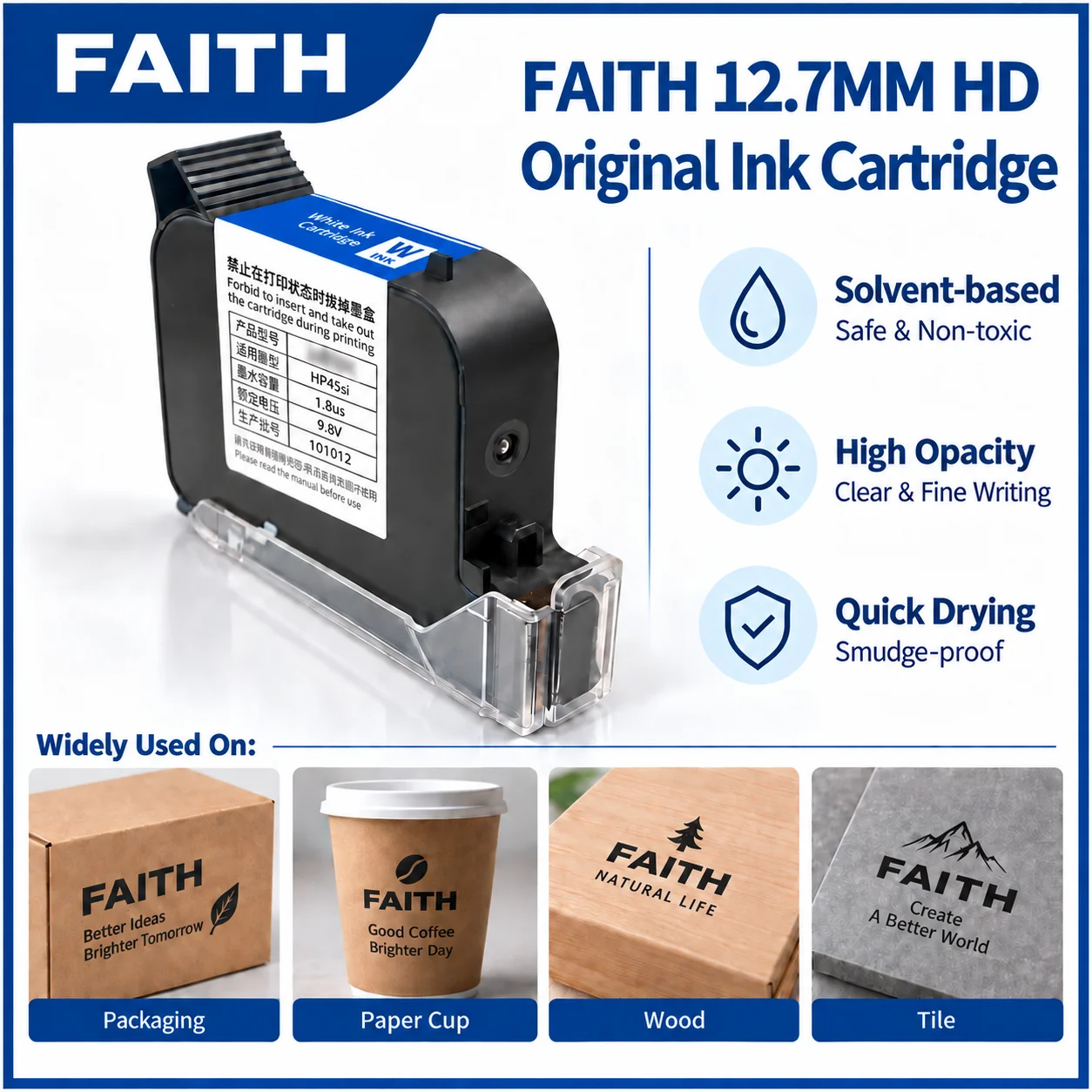 Faith 12.7/25.4mm Original Black Solvent Fast Dry Inkjet Printer Ink Cartridge