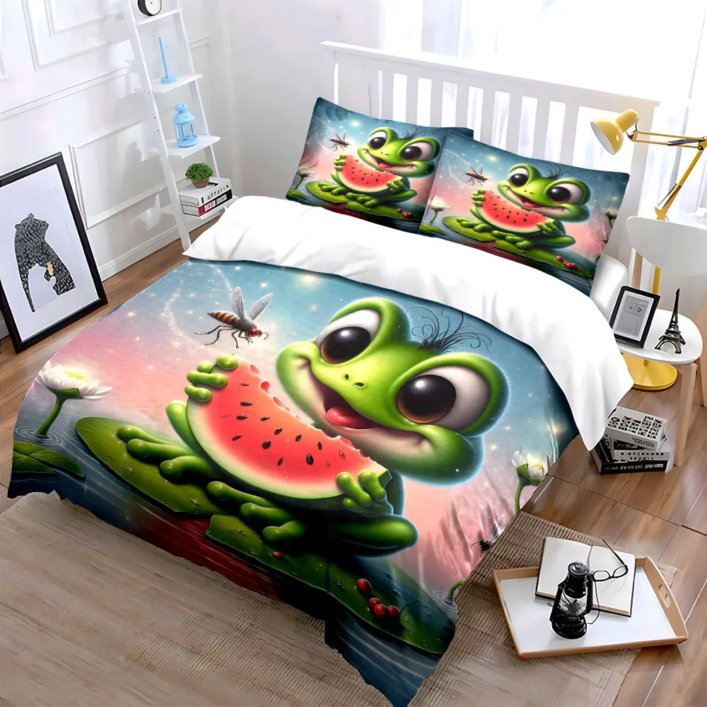 Frog eating watermelon on lily pad Printed Duvet Cover Set1 Duvet Cover+2 PillowcaseMulti Size Bedroom Bedding Decoration