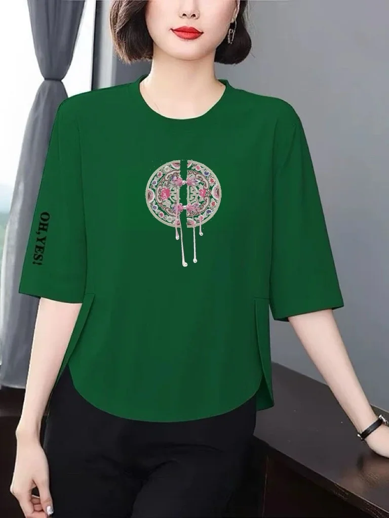 

New 2026 Spring Women's Loose Fit Printed T-Shirt Three Quarter Sleeve Breathable Polyester Casual Comfortable Mom Clothes