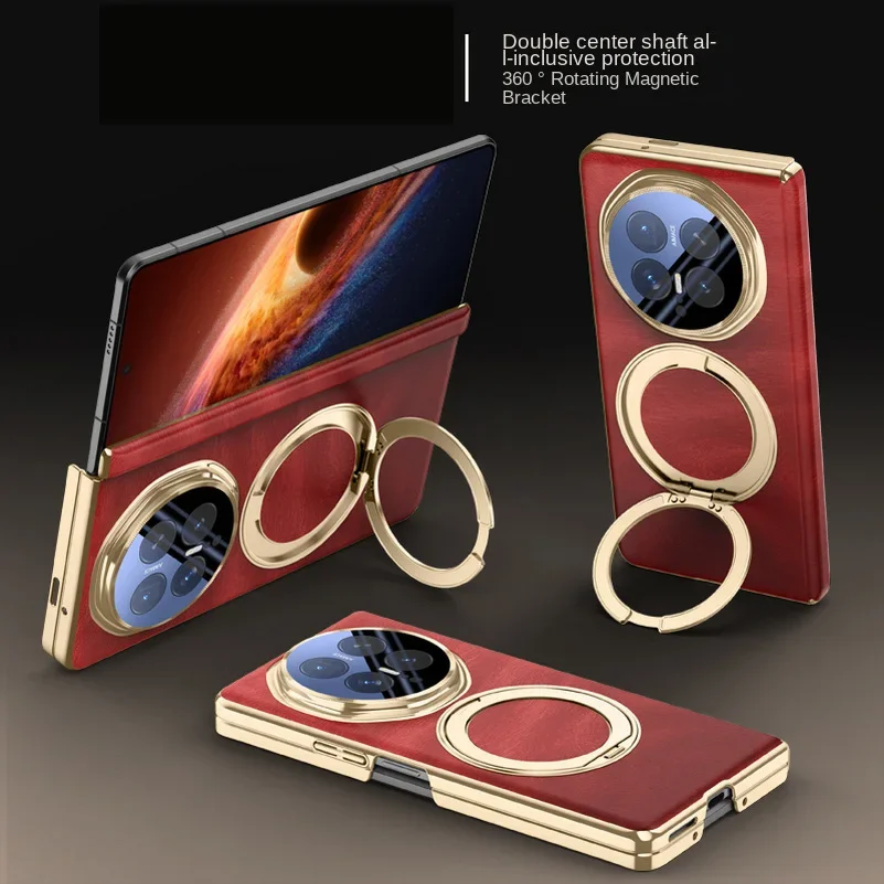 

Leather Electroplated Frame Magnetic Hinge Wireless Charging Ring Case For Honor Magic V6 Metal Ring Holder Protective Cover