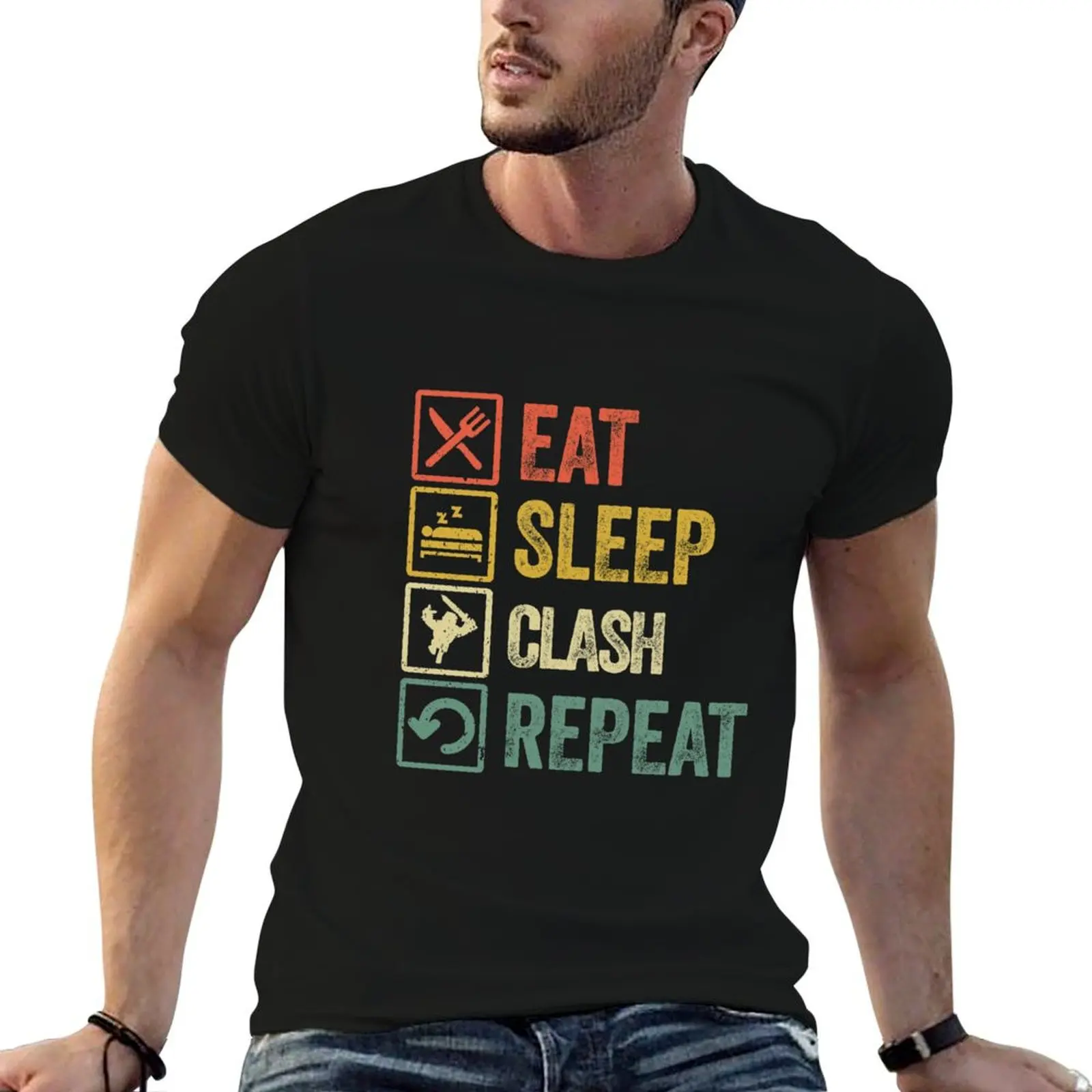 Funny eat sleep clash repeat retro vintage T-Shirt Classic Crew Neck Cotton T-Shirt