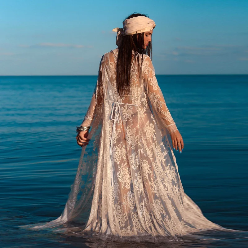 

Новинка 2025, кружевной длинный открытый кардиган све, большие размеры, приталенное пальто миди, пляжное пальто Vaion, пляжная защита от солнца, женское лето