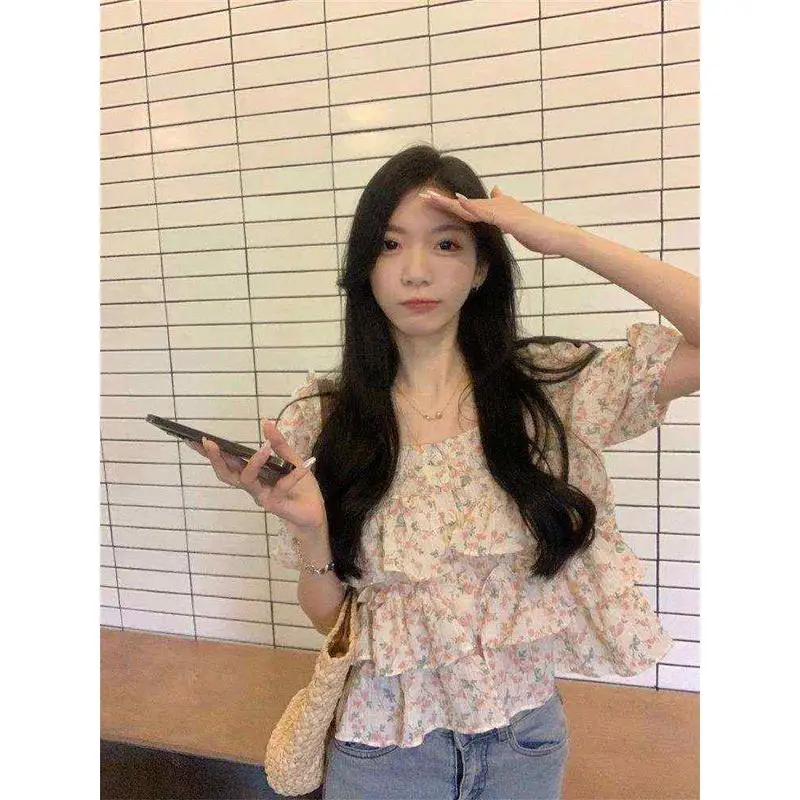 Sweet Square Collar Puff Sve Chiffon irt Women's Summer Faion Straight Cut  Knot Cold oulder Thin Cotton Bl...