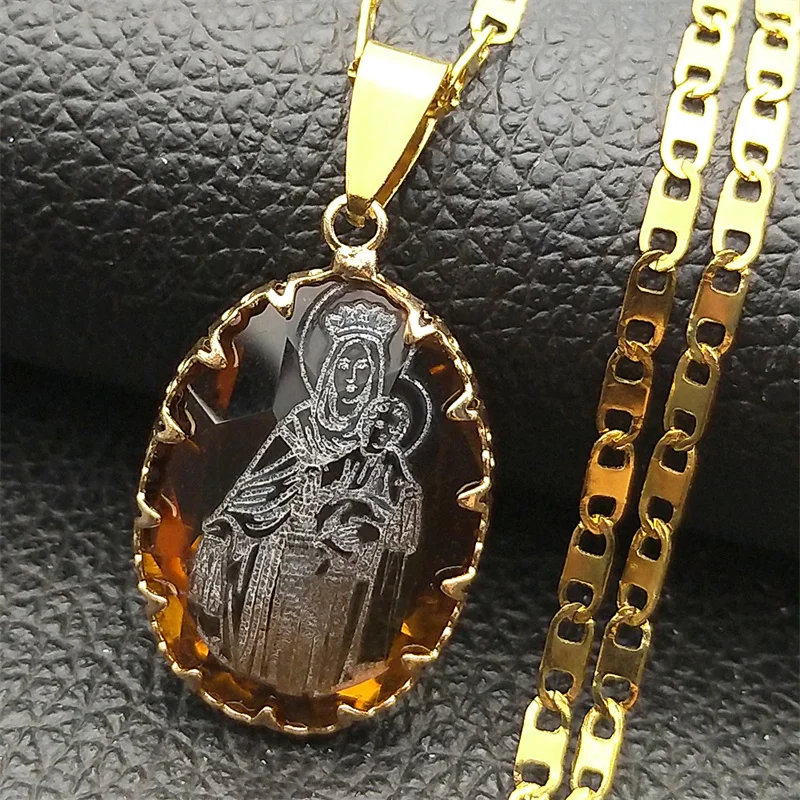 

Virgin Mary Baby Jesus Oval Glass Pendant Necklace for Women Men Stainless Steel Gold Color Catholic Mother Mary Chain Jewelry