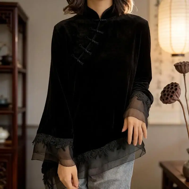 Cheongsam Europe Vintage Velvet Shirt New Chinese Style Stand Collar Loose Slim Tops Button Undershirt Women Blusas