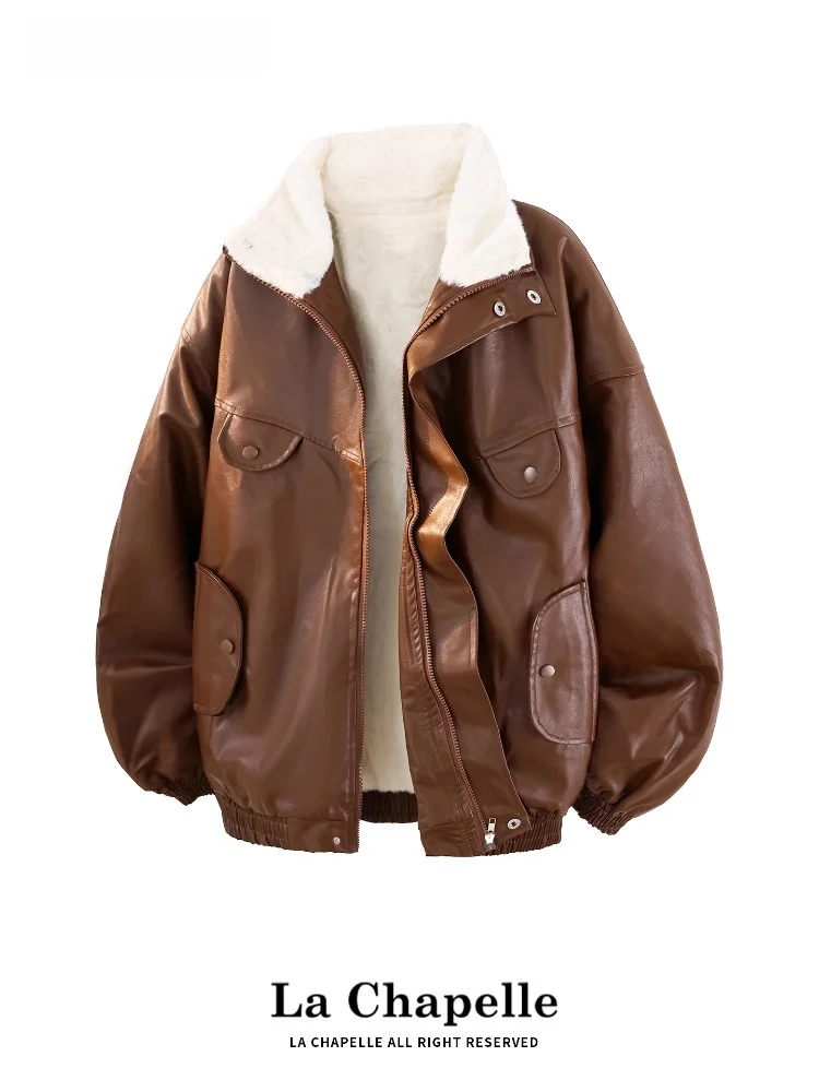 

La Chapelle American Sle PU Leather Fce Lined Cotton Jaet Men's Stand Collar Warmth Winter Outerwear Casual Coat