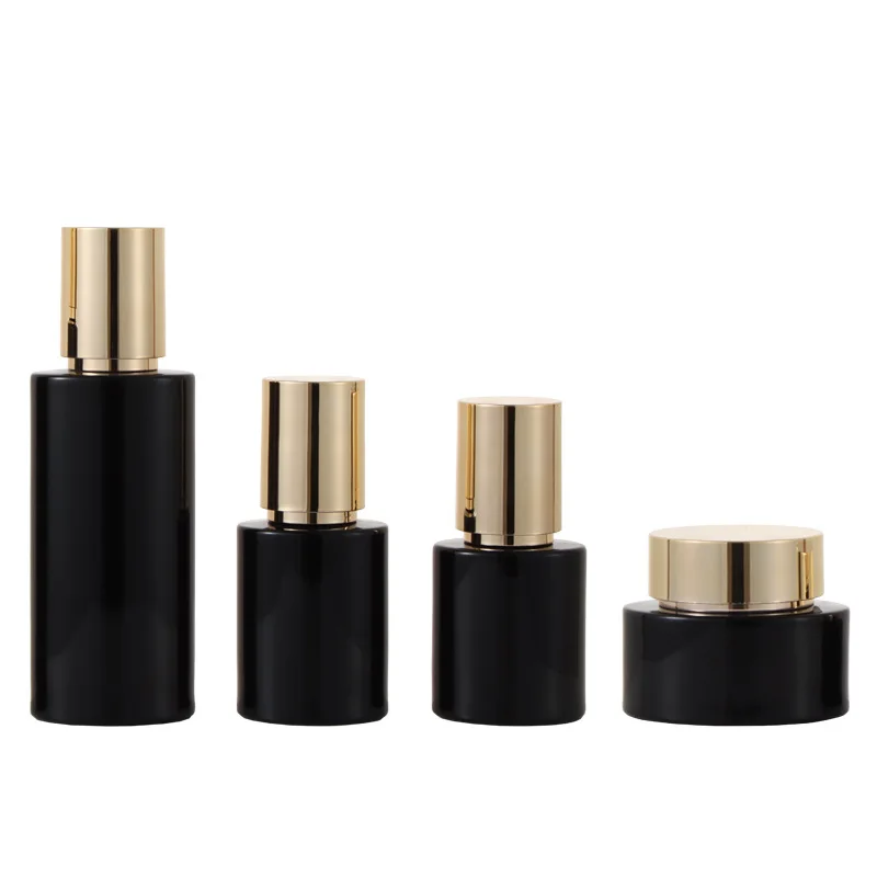 Black Glass Bottles Empty 30ml 40ml 100ml 120ml Mist Spray Lotion Pump Gold Lid 30g 50g Oval Cosmetic Cream Jars