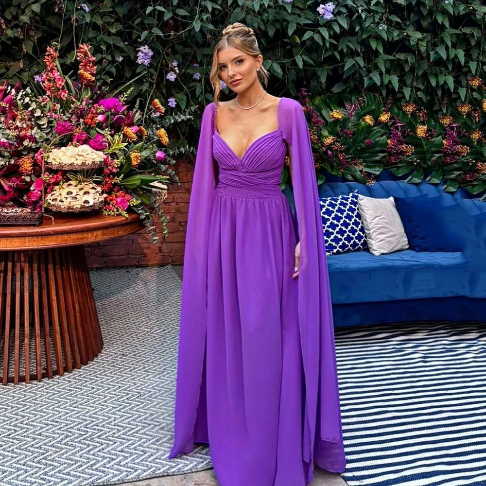 

Msikoods Luxurious Women's Evening Dresses Cape Sleece Purple Pleats V Neck Wedding Guest Long Formal Dress Elegant Party Dress