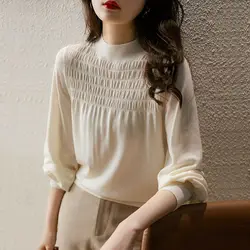 Temperament Autumn Thin Style Women's Solid Half High Collar Jacquard Weave Pleated Korean Casual Loose Long Sleeve Knitting Top